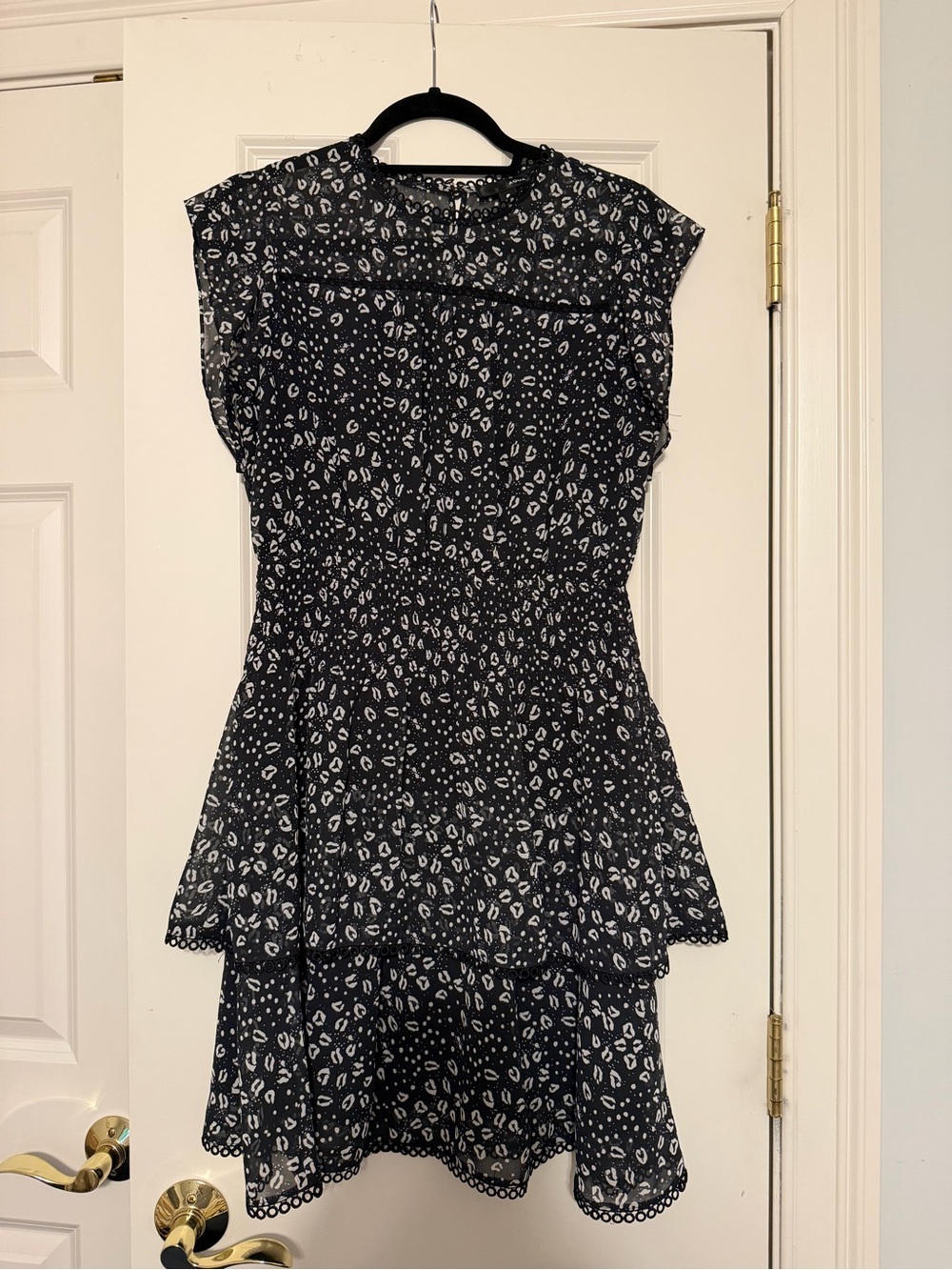 Aqua Black and White Printed Tiered Dress with Cap Sleeves